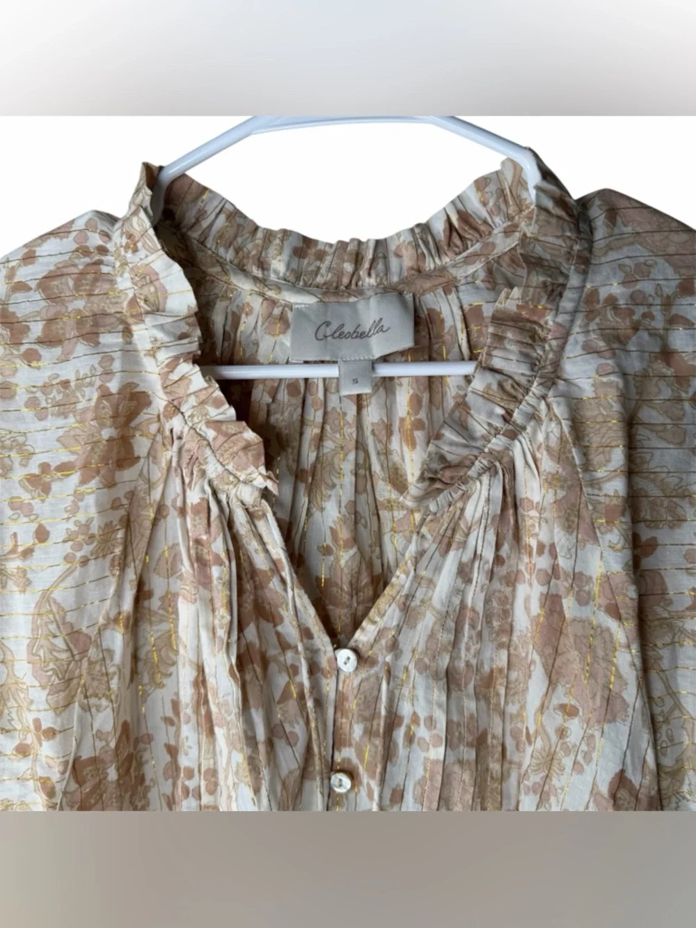 Cleobella Tan Metallic Stripe Floral Puff Sleeve Blouse Size Small Gold Cream - Picture 4 of 8